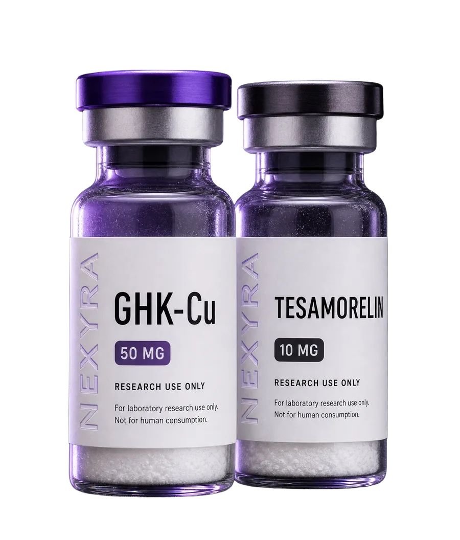 Nexyra Labs research vials — GHK-Cu and Tesamorelin, lyophilized, research use only